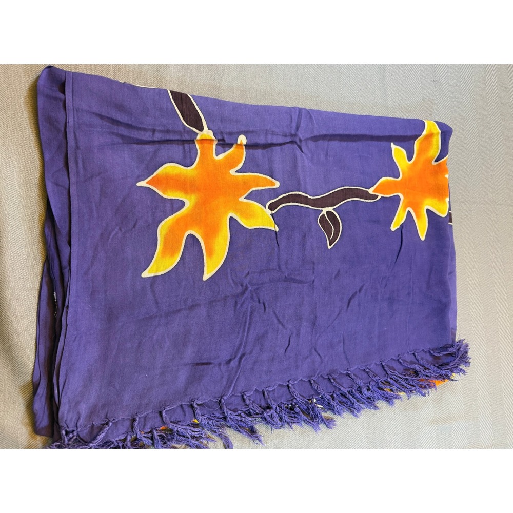 Purple Floral Batik Sarong Wrap Beach Cover Up with Fringe Trim Large 46x64